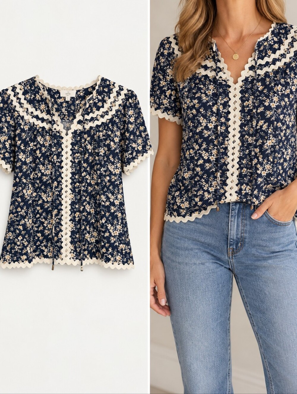 Entro Midnight Botanica Top with Lace Trim - S